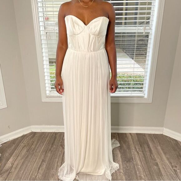 Anna Campbell Boned Strapless bodice silk chiffon corset Wedding Dress w train - Picture 3 of 14